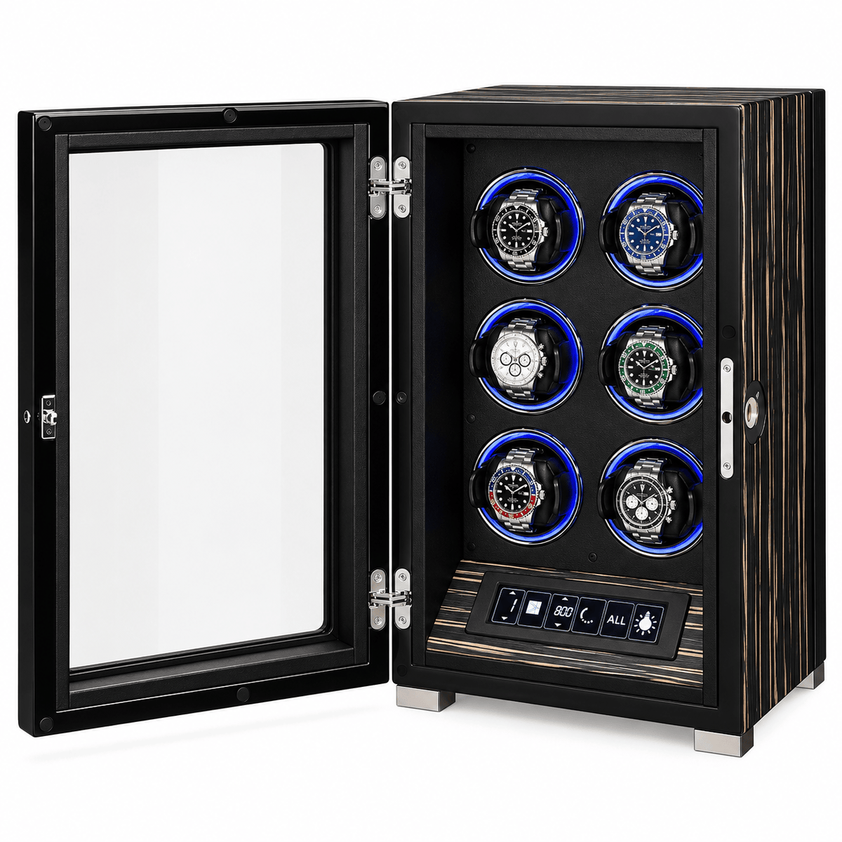 The Time Foundry 6 Slot Watch Winder for Automatic Watches, Ebony, 12-Point Motor, LED
