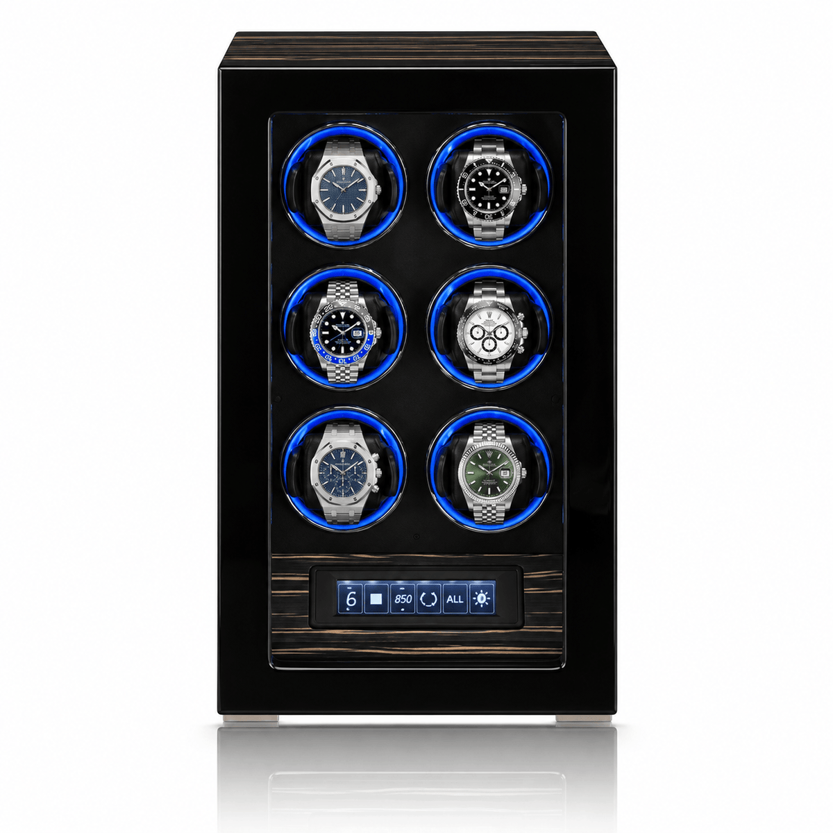 The Time Foundry 6 Slot Watch Winder for Automatic Watches, Ebony, 12-Point Motor, LED