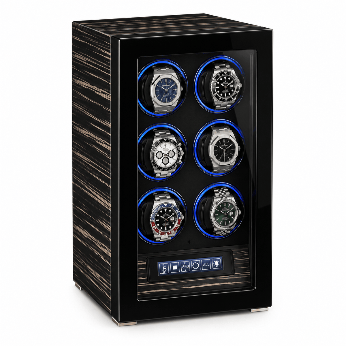 The Time Foundry 6 Slot Watch Winder for Automatic Watches, Ebony, 12-Point Motor, LED Image