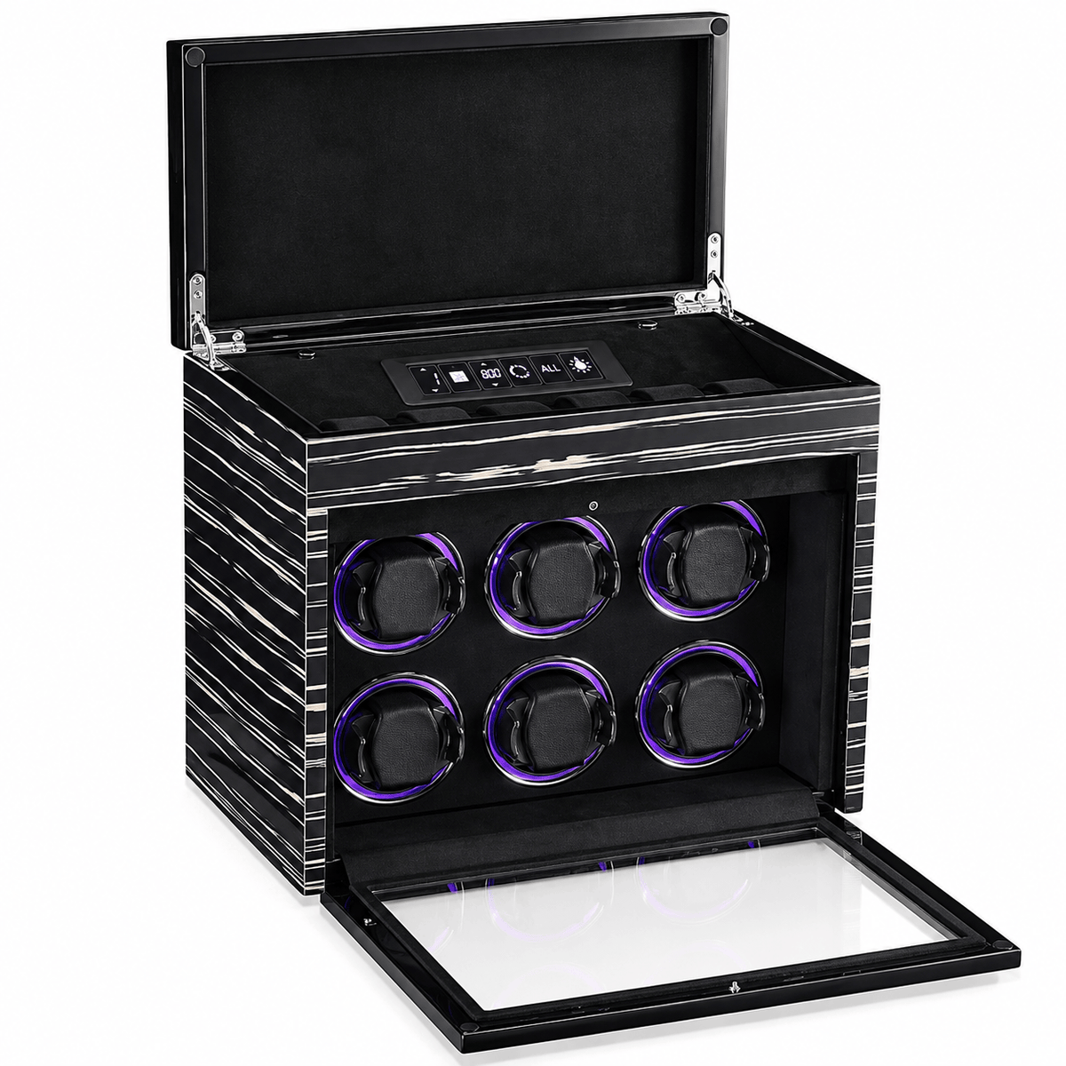 The Time Foundry 6 Slot Watch Winder for Automatic Watches, Ebony, LED Accent Lighting