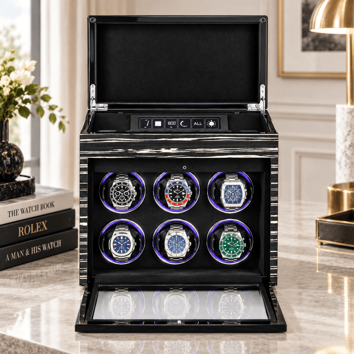 The Time Foundry 6 Slot Watch Winder for Automatic Watches, Ebony, LED Accent Lighting