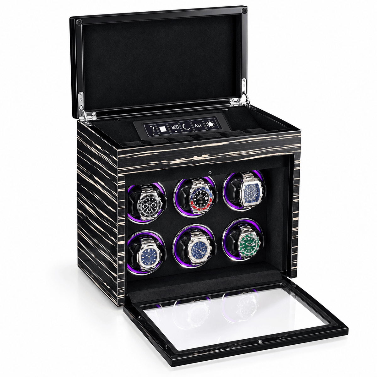 The Time Foundry 6 Slot Watch Winder for Automatic Watches, Ebony, LED Accent Lighting Image