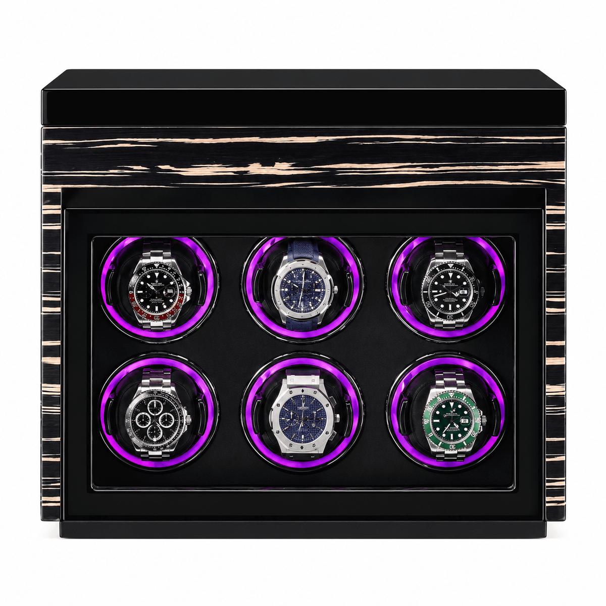 The Time Foundry 6 Slot Watch Winder for Automatic Watches, Ebony, LED Accent Lighting