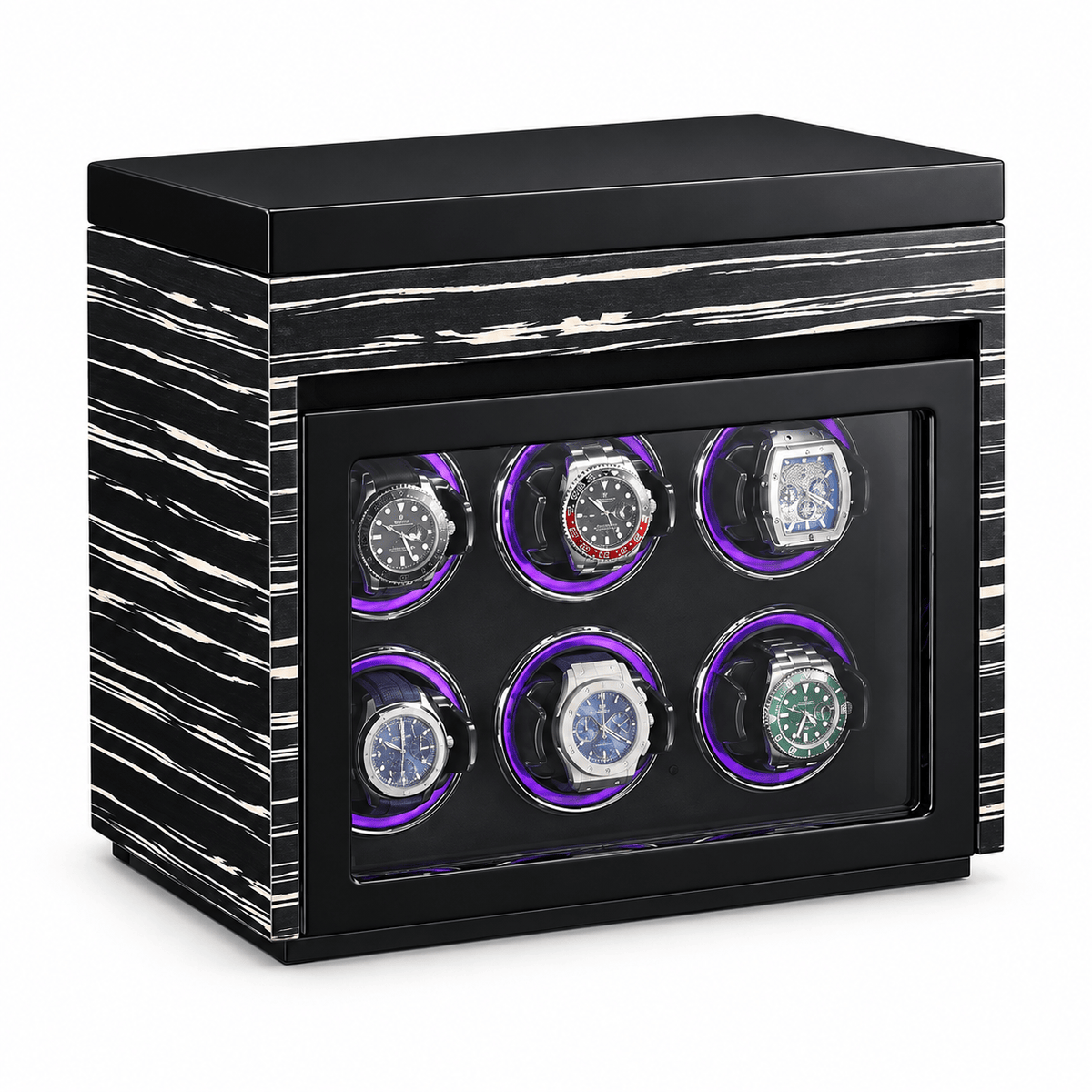 The Time Foundry 6 Slot Watch Winder for Automatic Watches, Ebony, LED Accent Lighting