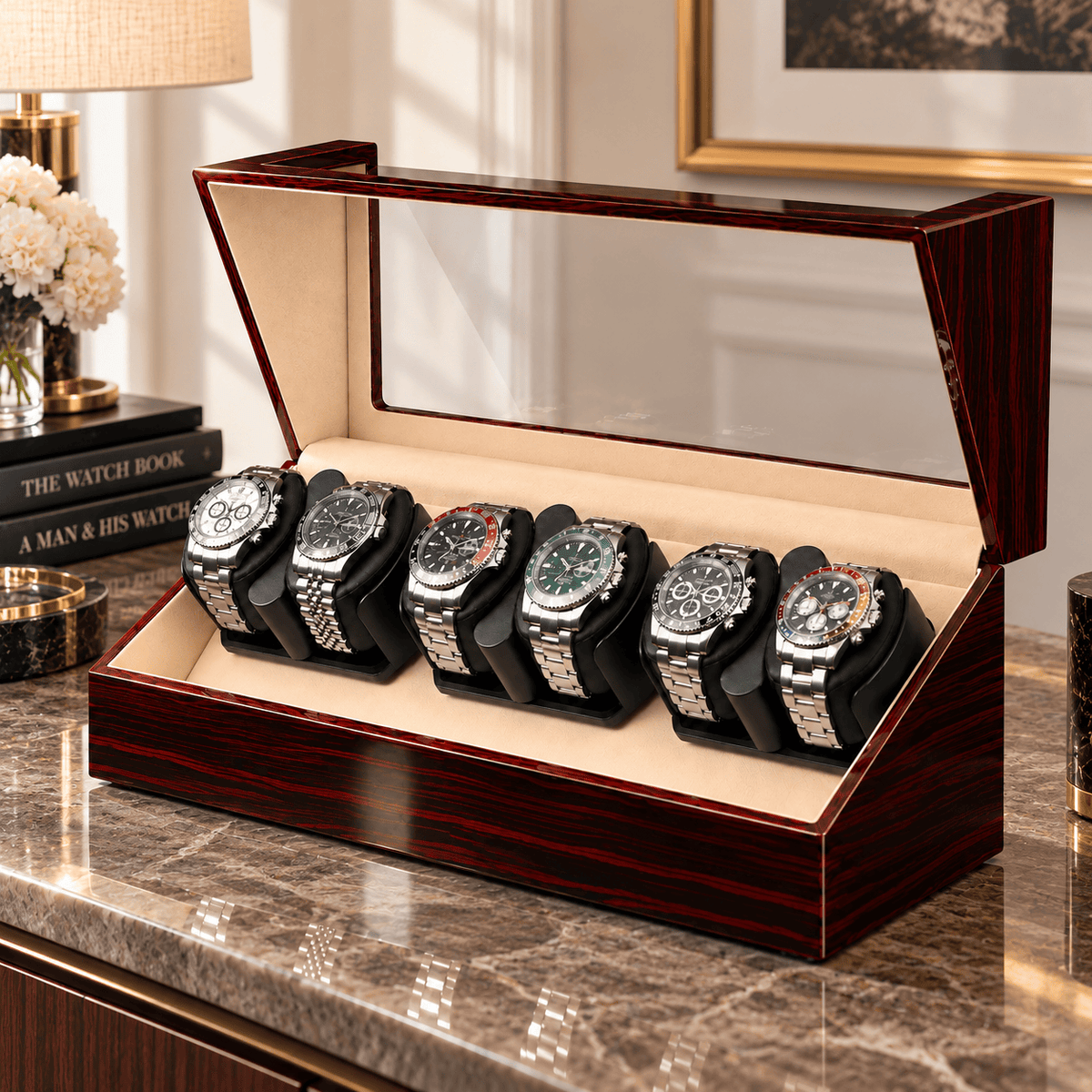 The Time Foundry 6 Slot Watch Winder for Automatic Watches, Ebony, Red Trim Accent