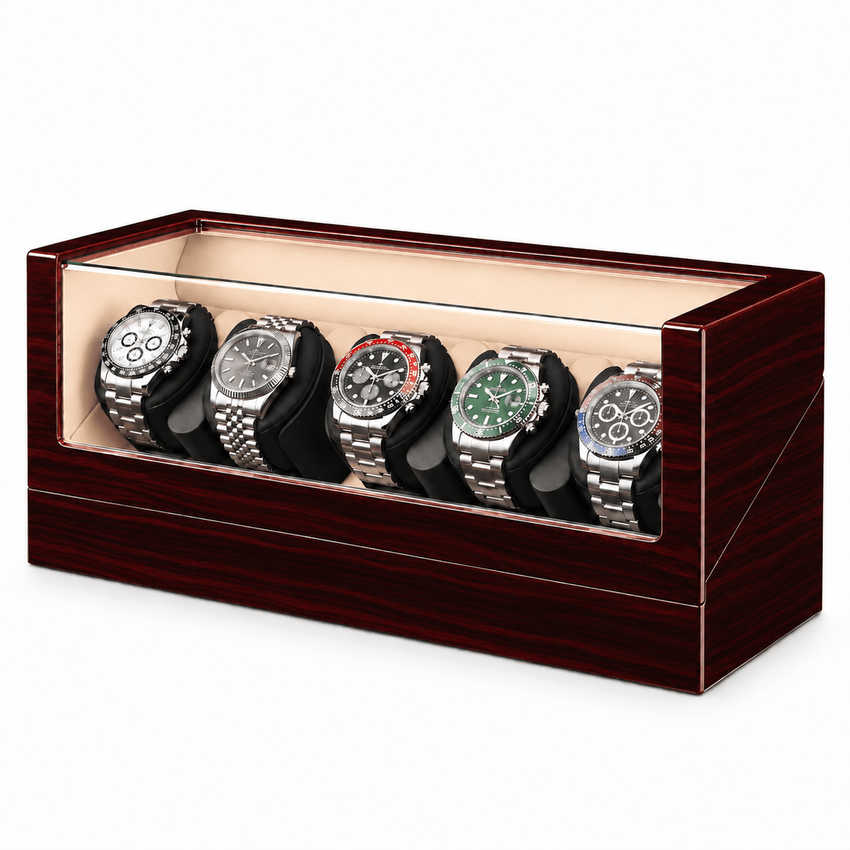 The Time Foundry 6 Slot Watch Winder for Automatic Watches, Ebony, Red Trim Accent