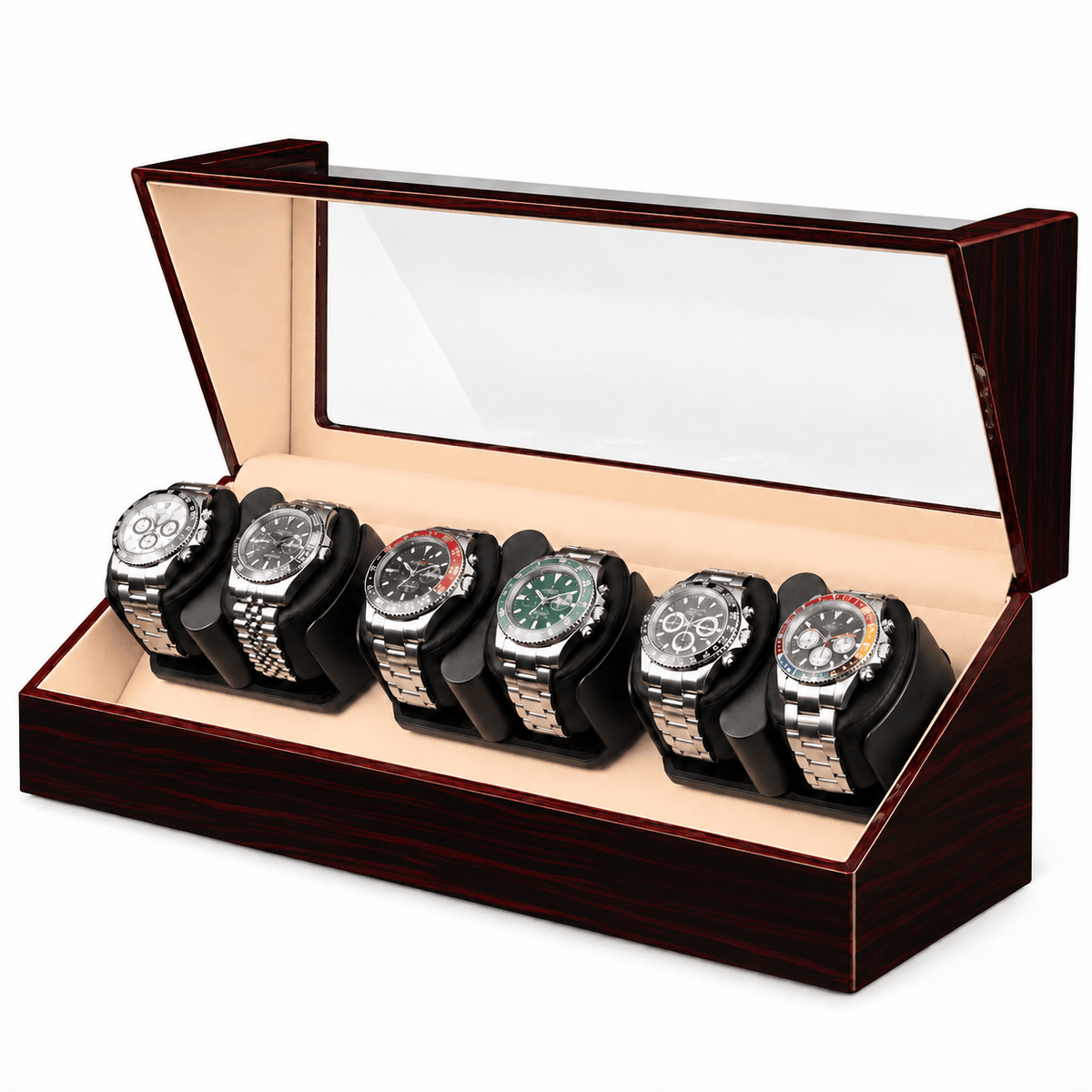 The Time Foundry 6 Slot Watch Winder for Automatic Watches, Ebony, Red Trim Accent