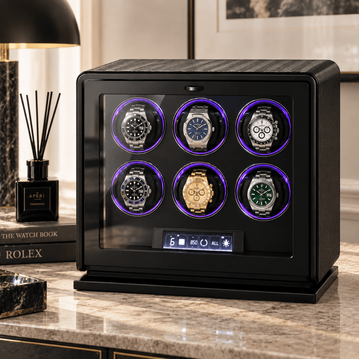 The Time Foundry 6 Slot Watch Winder for Automatic Watches, Leather, 12-Point Motor