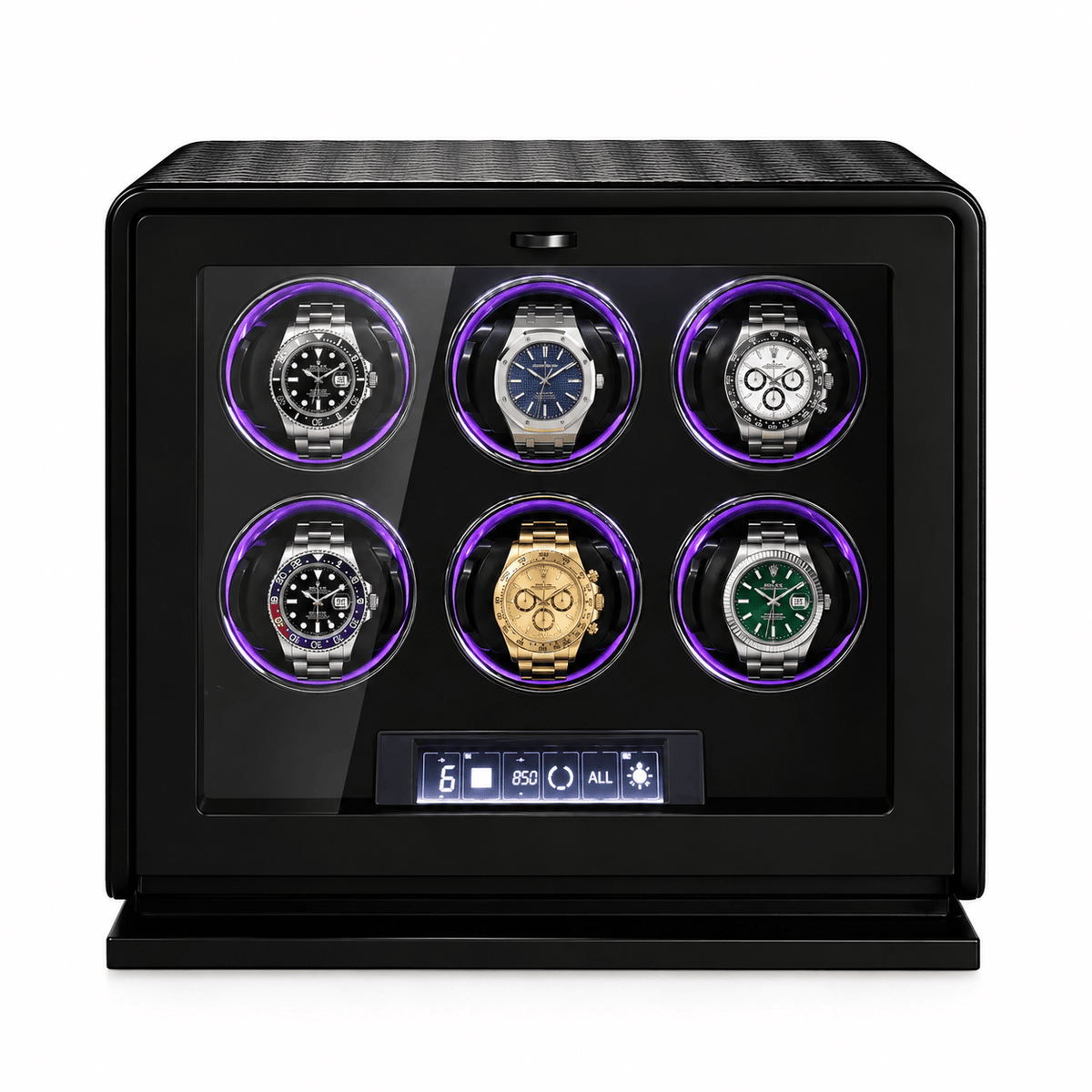 The Time Foundry 6 Slot Watch Winder for Automatic Watches, Leather, 12-Point Motor Image