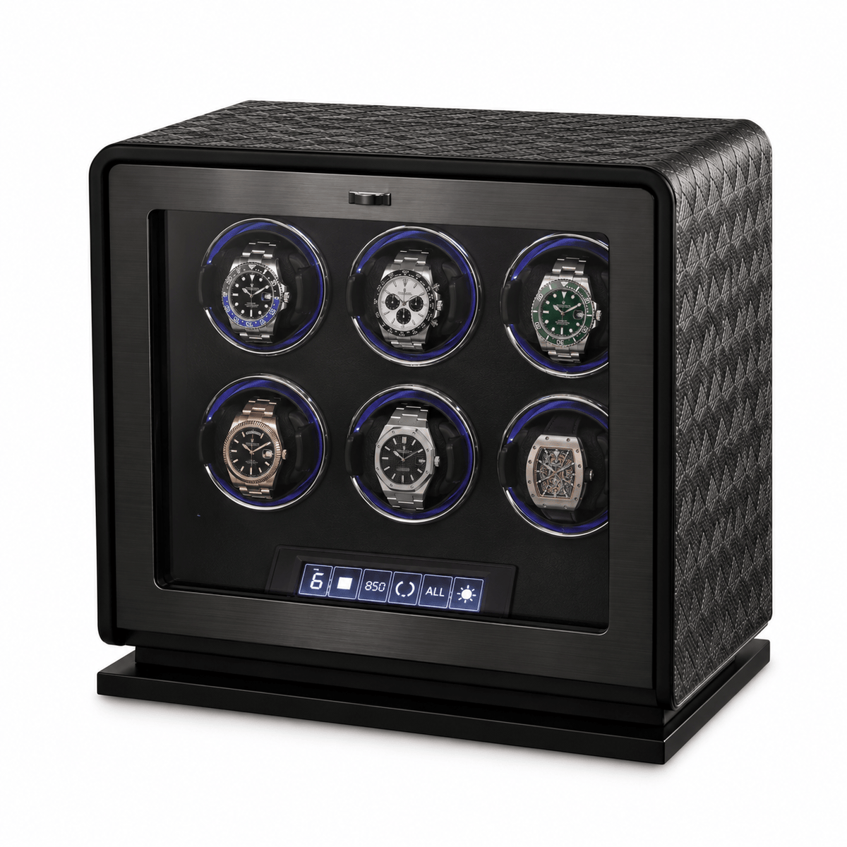 The Time Foundry 6 Slot Watch Winder for Automatic Watches, Leather, 12-Point Motor