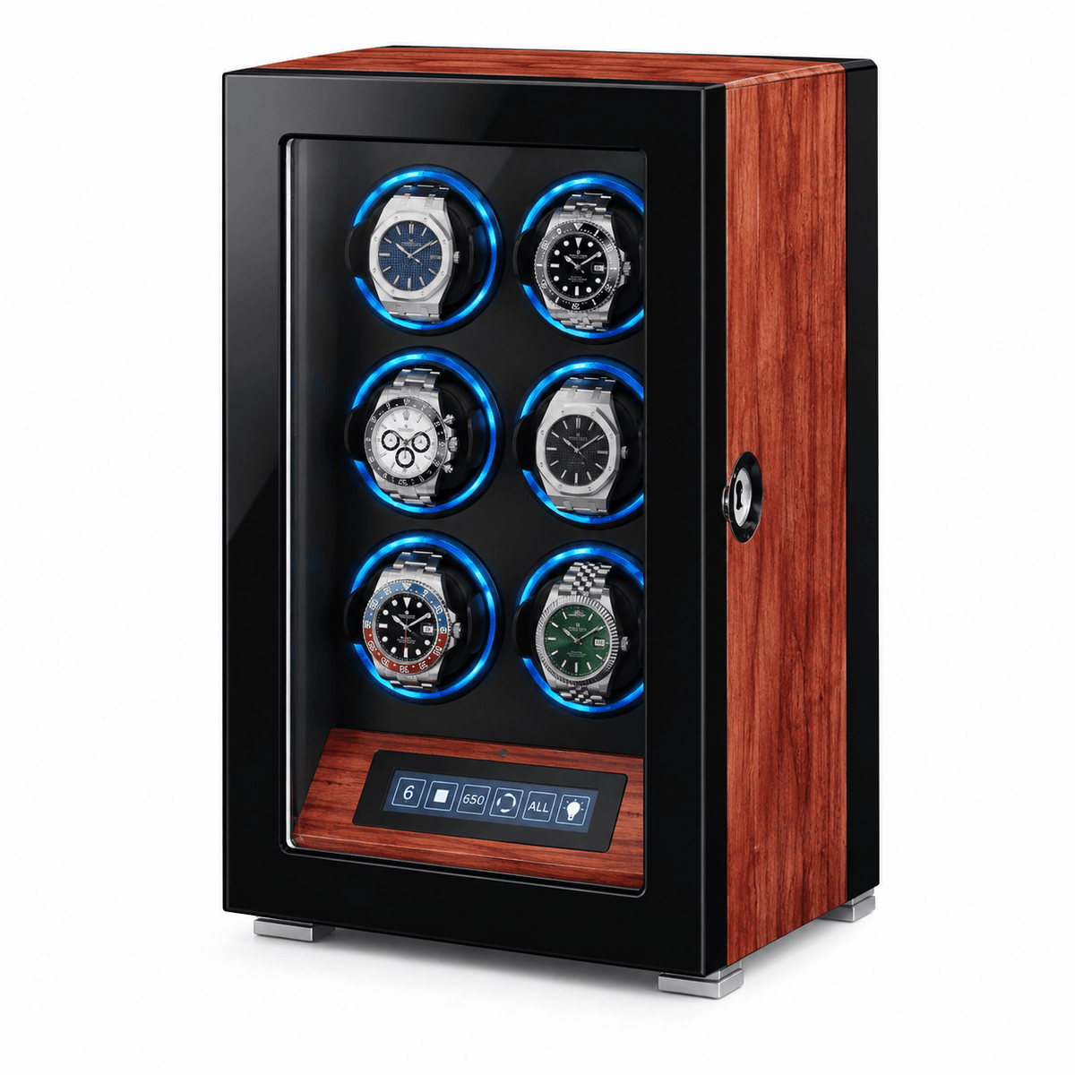 The Time Foundry 6 Slot Watch Winder for Automatic Watches, Mirrored Door, Red Accent