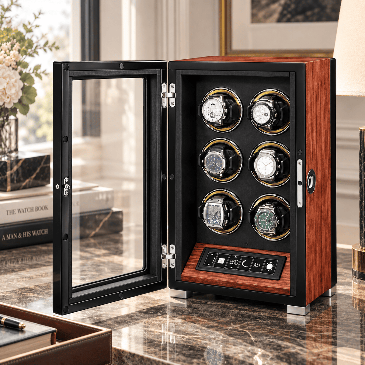The Time Foundry 6 Slot Watch Winder for Automatic Watches, Mirrored Door, Red Accent
