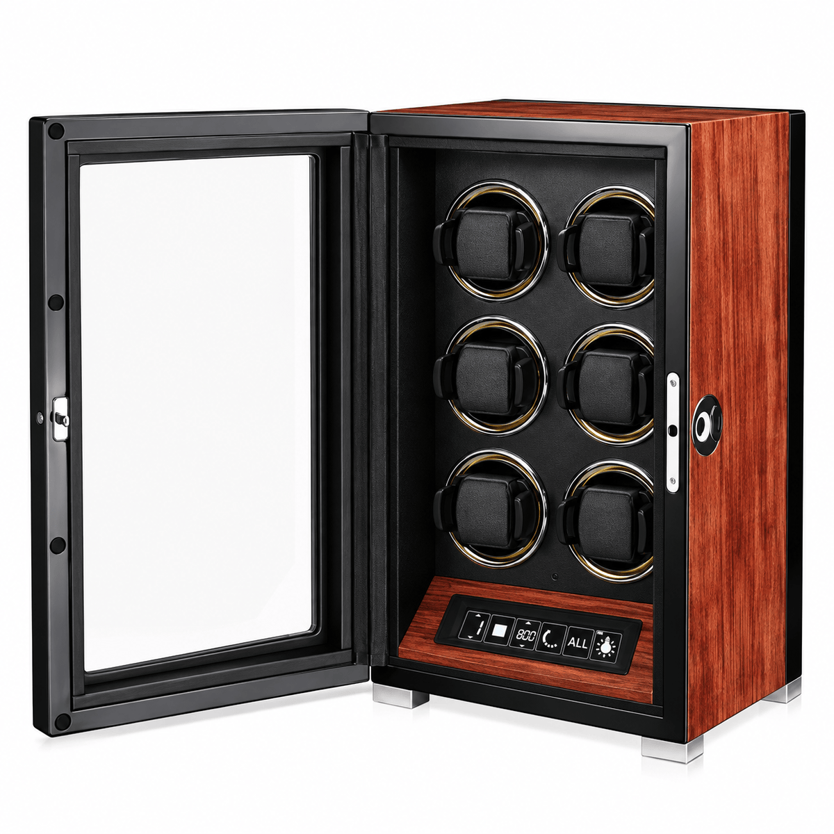 The Time Foundry 6 Slot Watch Winder for Automatic Watches, Mirrored Door, Red Accent