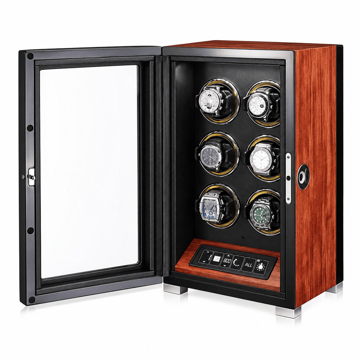The Time Foundry 6 Slot Watch Winder for Automatic Watches, Mirrored Door, Red Accent