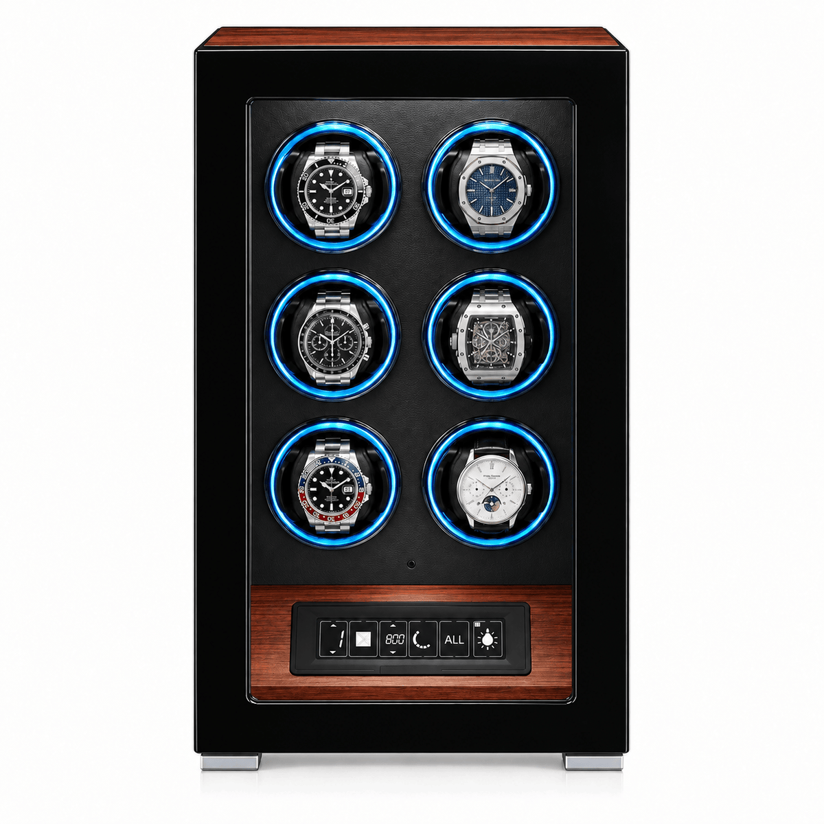 The Time Foundry 6 Slot Watch Winder for Automatic Watches, Mirrored Door, Red Accent Image