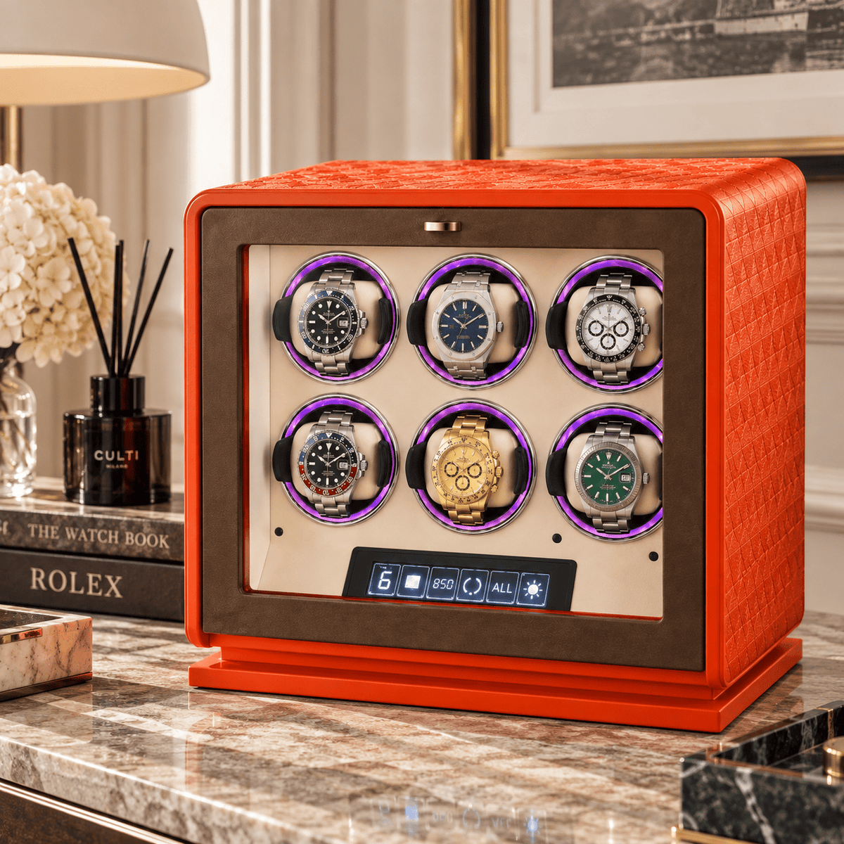 The Time Foundry 6 Slot Watch Winder for Automatic Watches, Orange Leather, 12-Point Motor