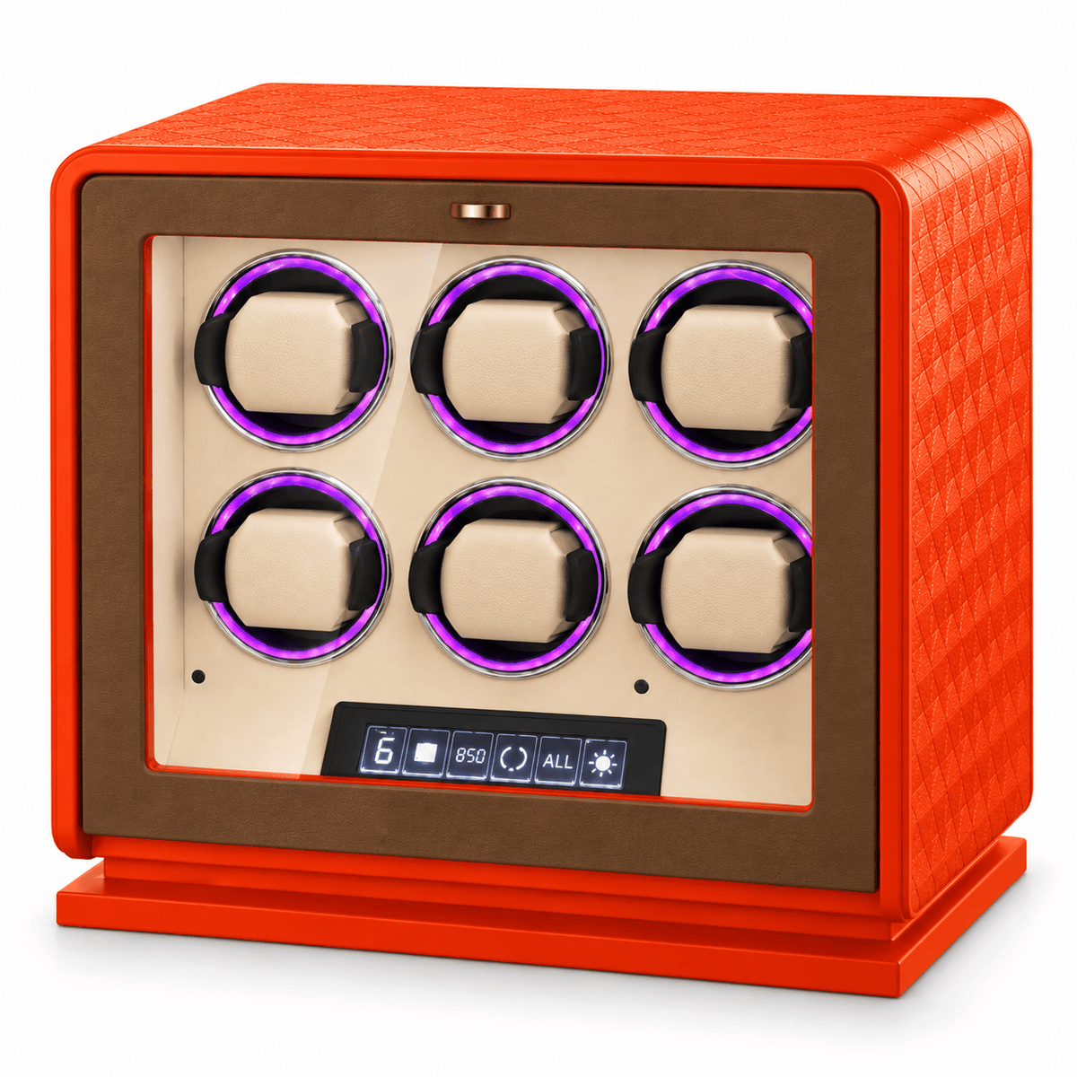 The Time Foundry 6 Slot Watch Winder for Automatic Watches, Orange Leather, 12-Point Motor