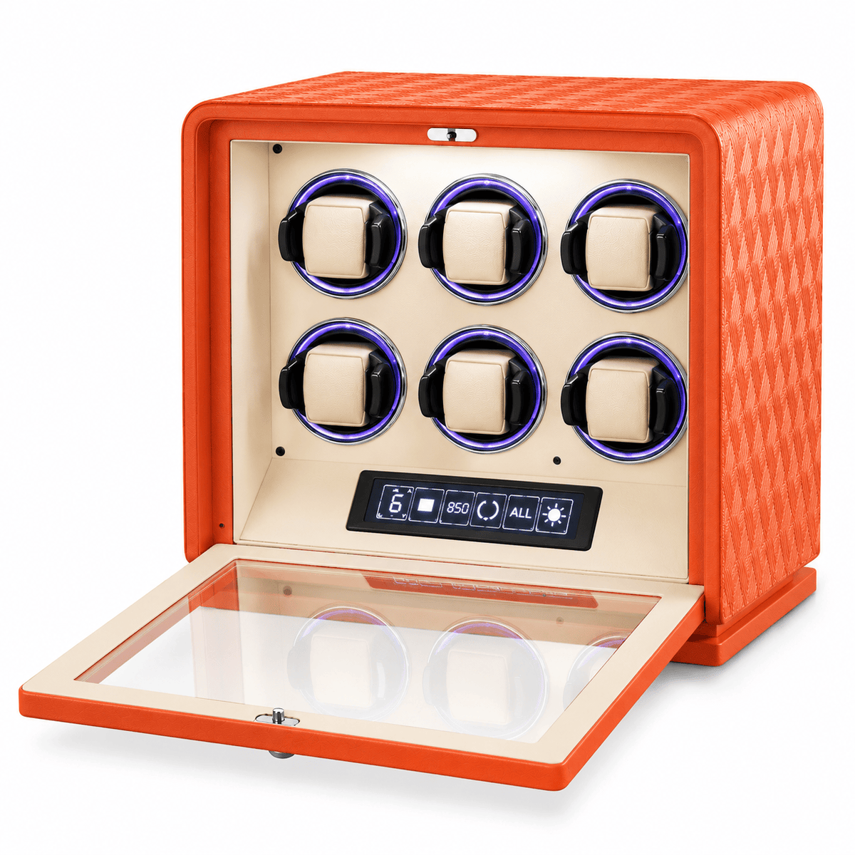 The Time Foundry 6 Slot Watch Winder for Automatic Watches, Orange Leather, 12-Point Motor
