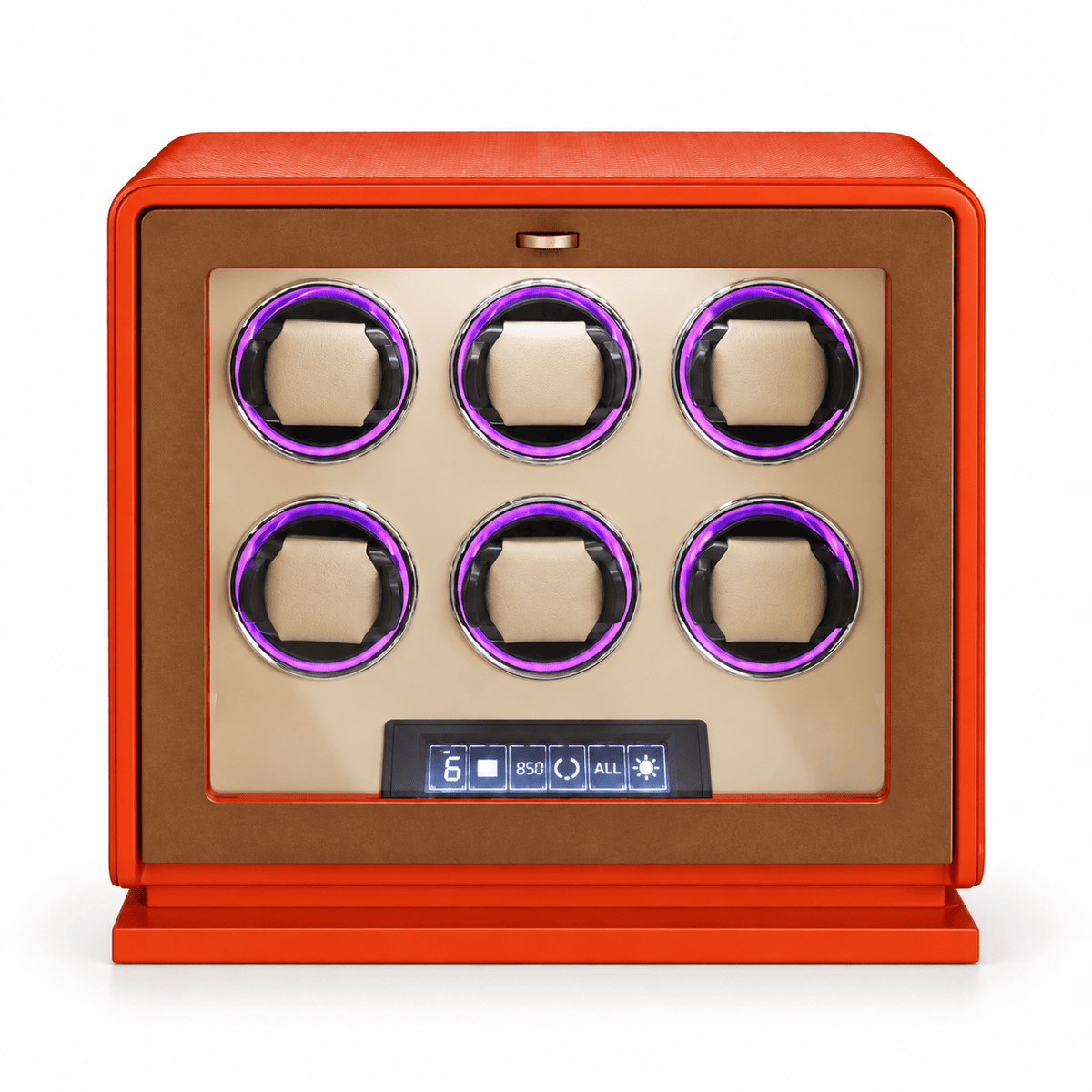 The Time Foundry 6 Slot Watch Winder for Automatic Watches, Orange Leather, 12-Point Motor