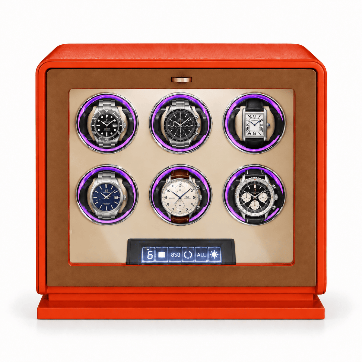 The Time Foundry 6 Slot Watch Winder for Automatic Watches, Orange Leather, 12-Point Motor