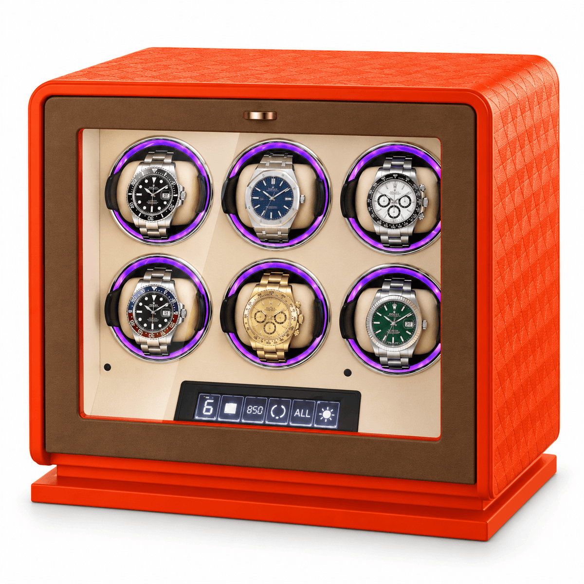 The Time Foundry 6 Slot Watch Winder for Automatic Watches, Orange Leather, 12-Point Motor