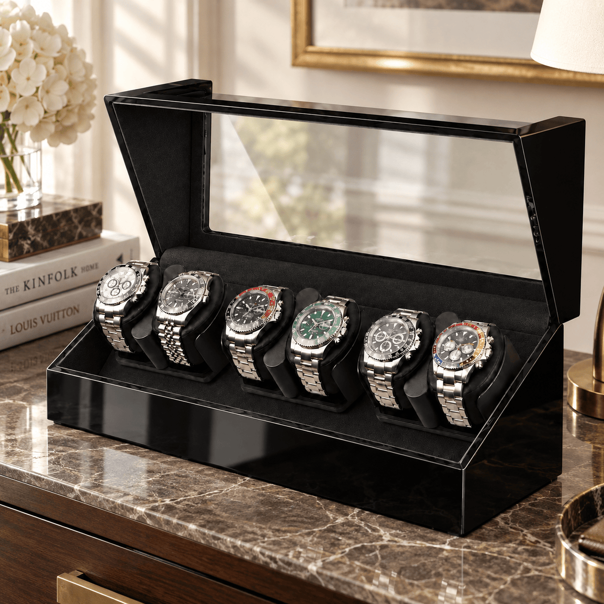 The Time Foundry 6 Slot Watch Winder for Automatic Watches, Piano Black, Bidirectional
