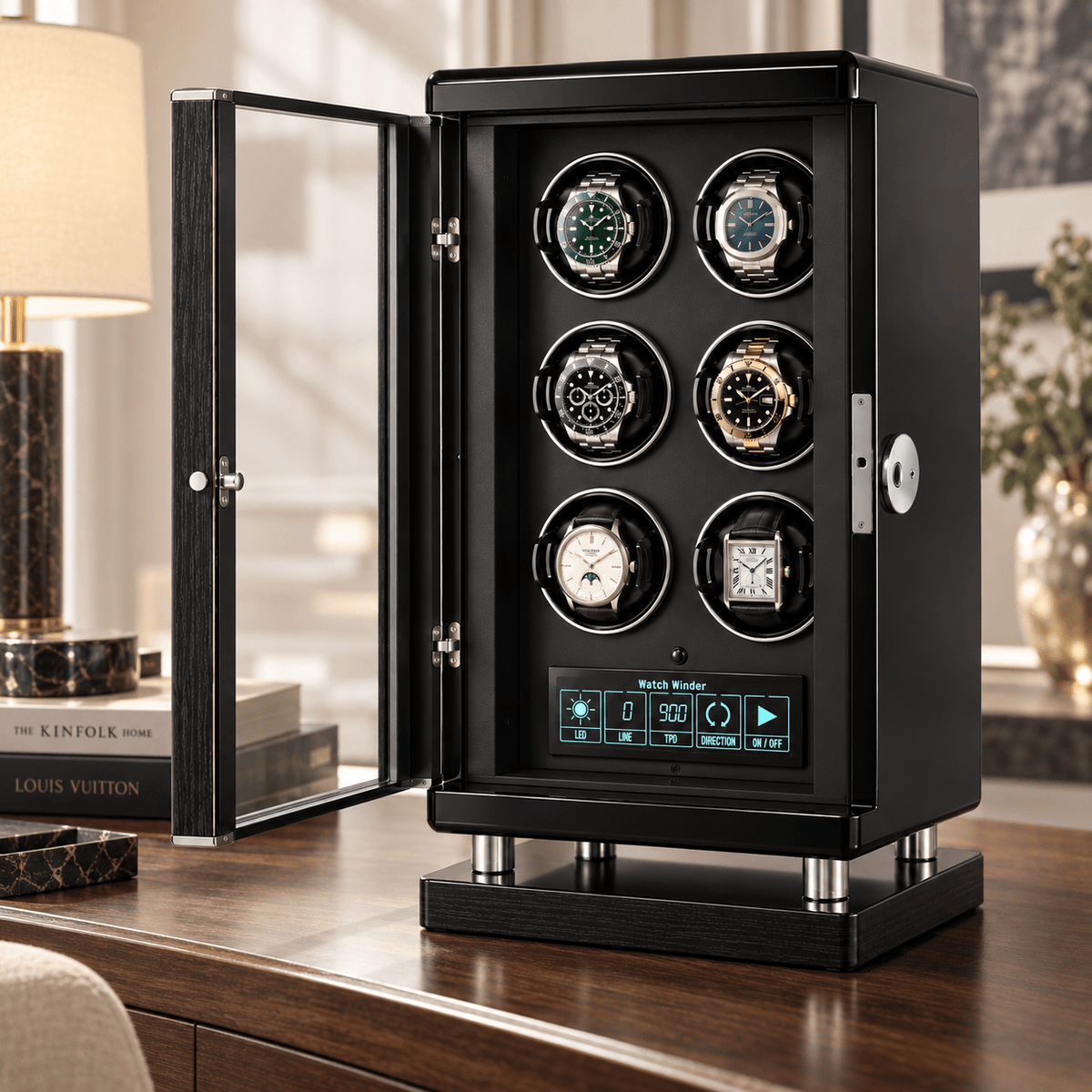 The Time Foundry 6 Slot Watch Winder for Automatic Watches, Piano Black, Japanese Motor