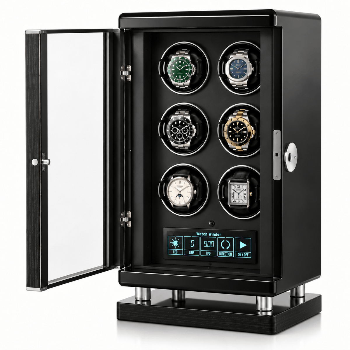 The Time Foundry 6 Slot Watch Winder for Automatic Watches, Piano Black, Japanese Motor Image
