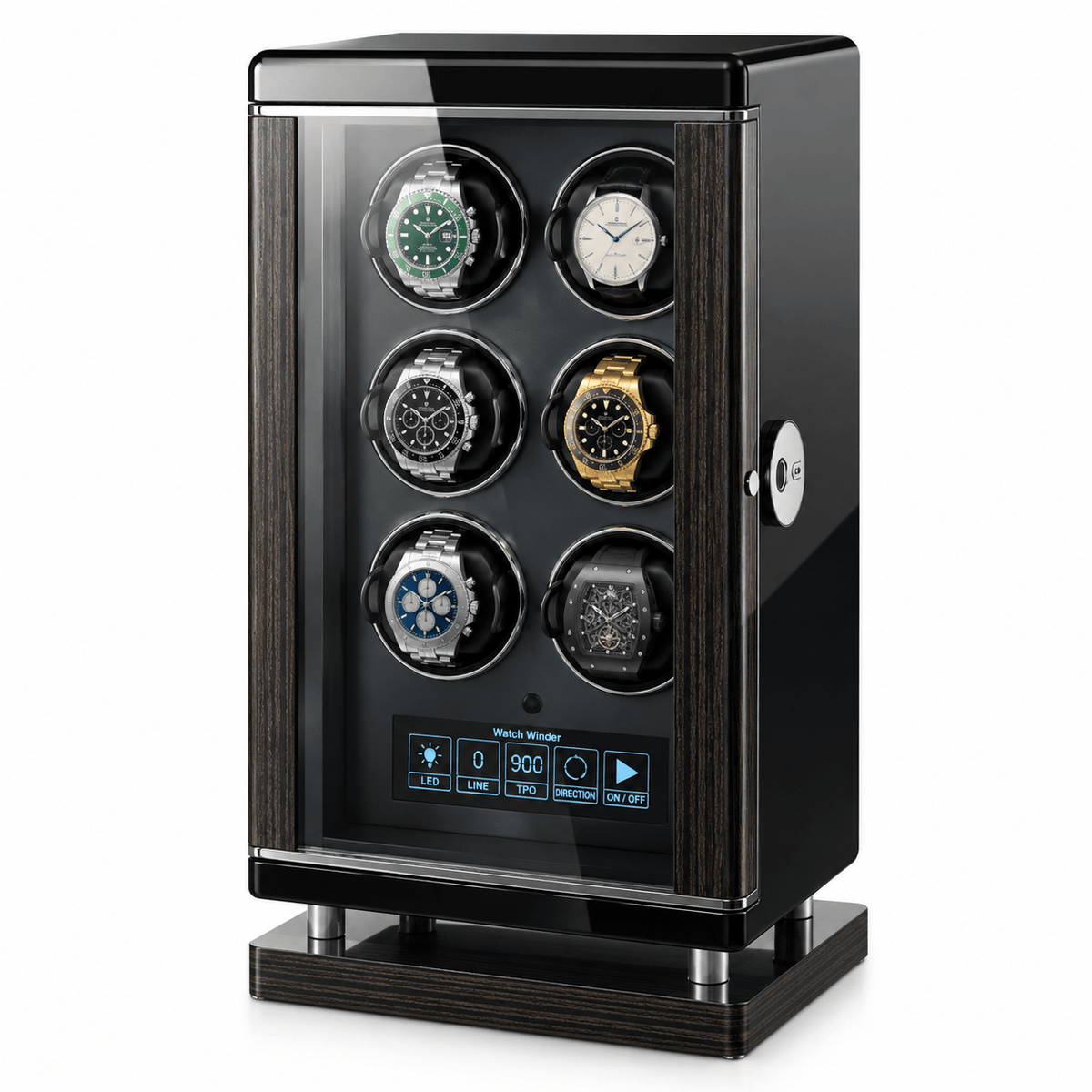 The Time Foundry 6 Slot Watch Winder for Automatic Watches, Piano Black, Japanese Motor Image