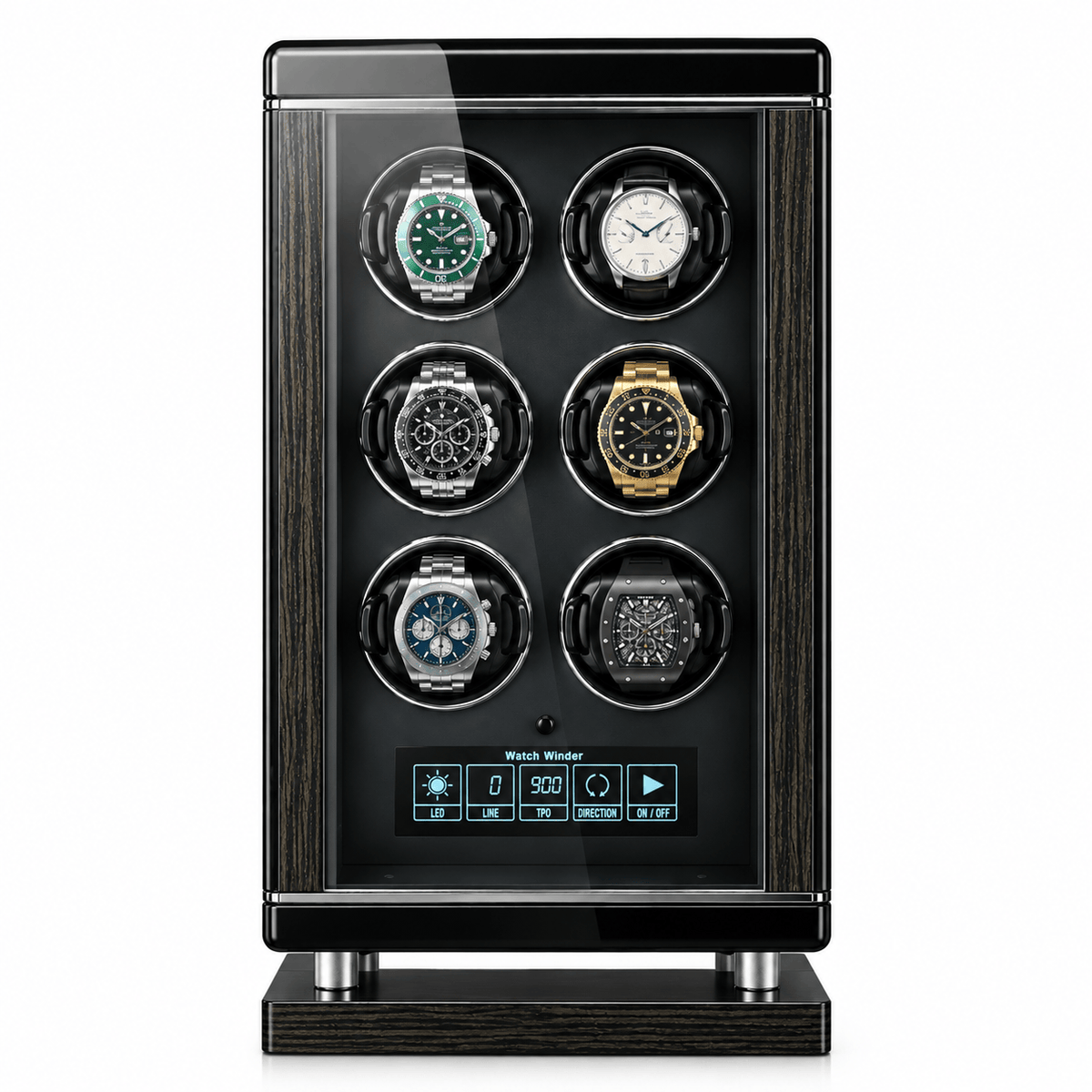 The Time Foundry 6 Slot Watch Winder for Automatic Watches, Piano Black, Japanese Motor