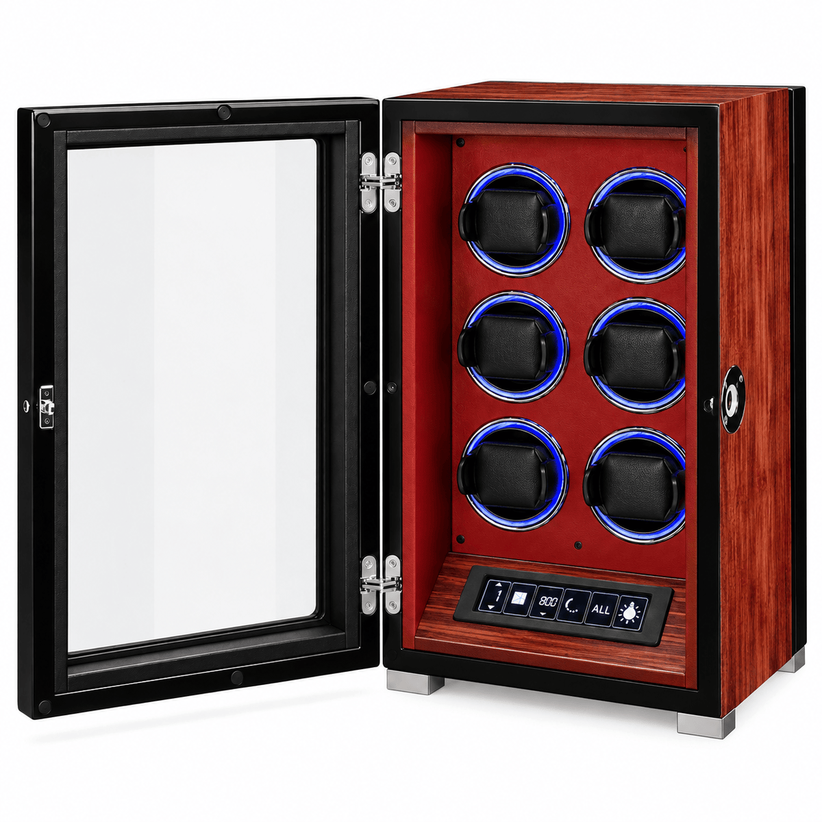 The Time Foundry 6 Slot Watch Winder for Automatic Watches, Red Accent, 12-Point Motor