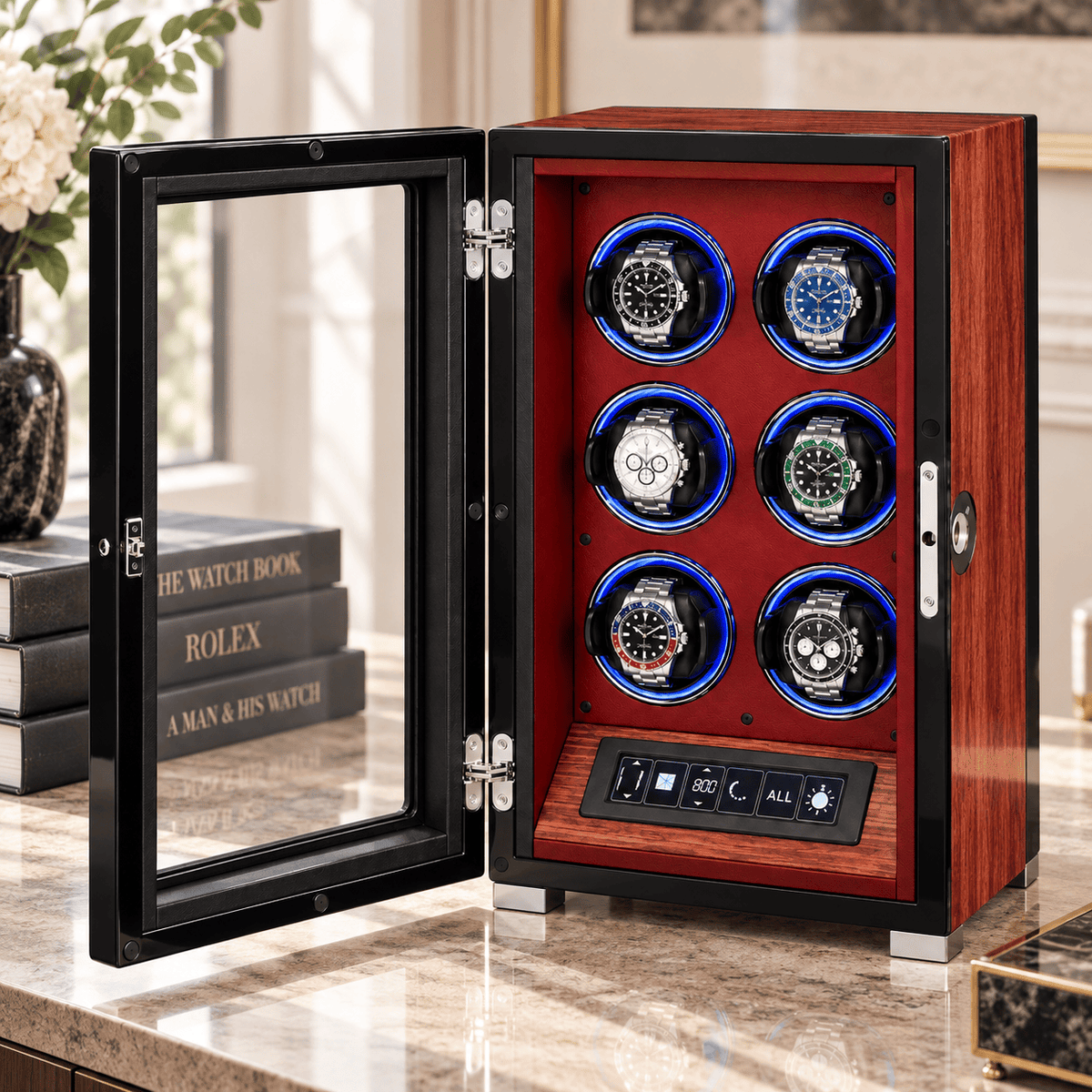 The Time Foundry 6 Slot Watch Winder for Automatic Watches, Red Accent, 12-Point Motor