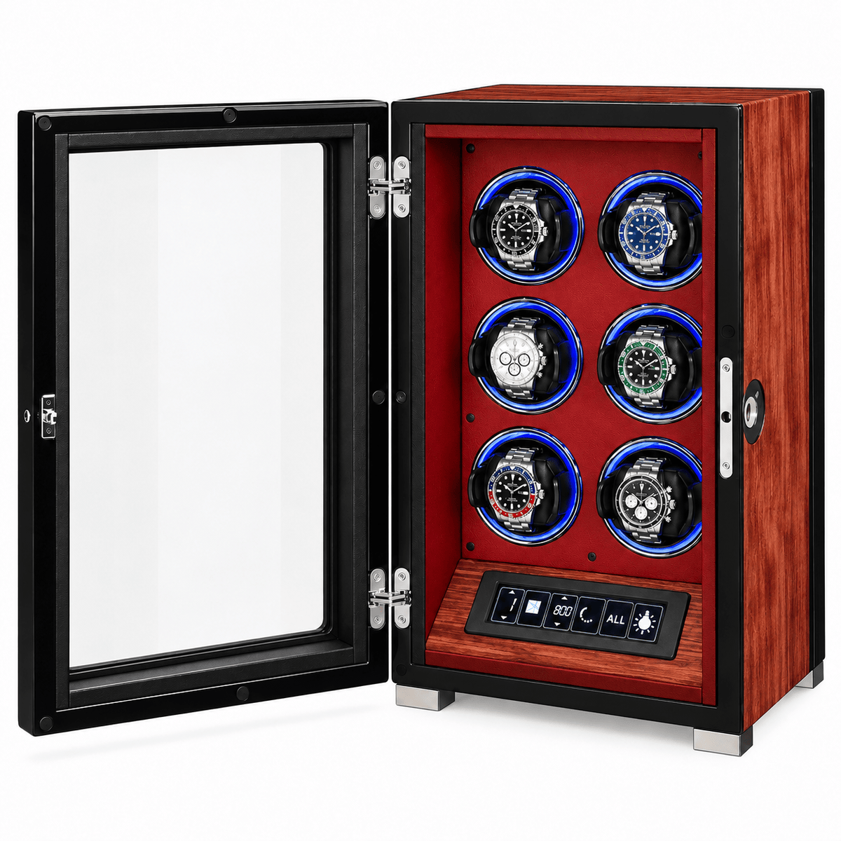 The Time Foundry 6 Slot Watch Winder for Automatic Watches, Red Accent, 12-Point Motor