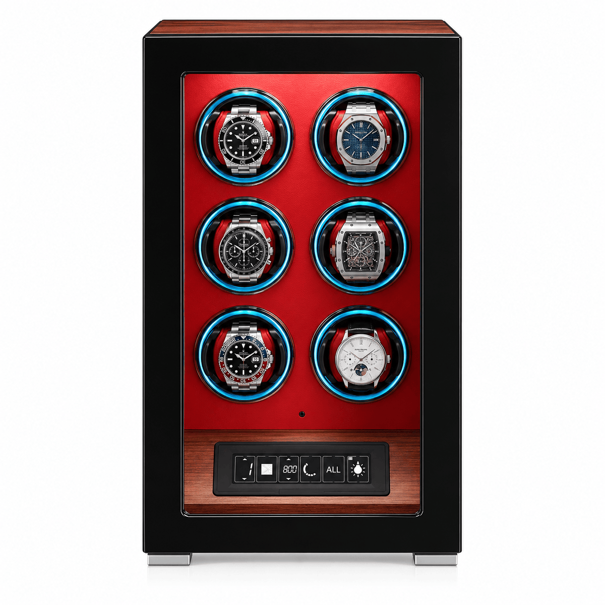 The Time Foundry 6 Slot Watch Winder for Automatic Watches, Red Accent, 12-Point Motor