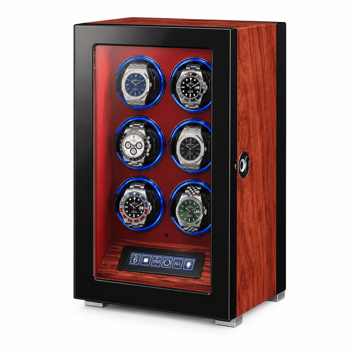The Time Foundry 6 Slot Watch Winder for Automatic Watches, Red Accent, 12-Point Motor Image