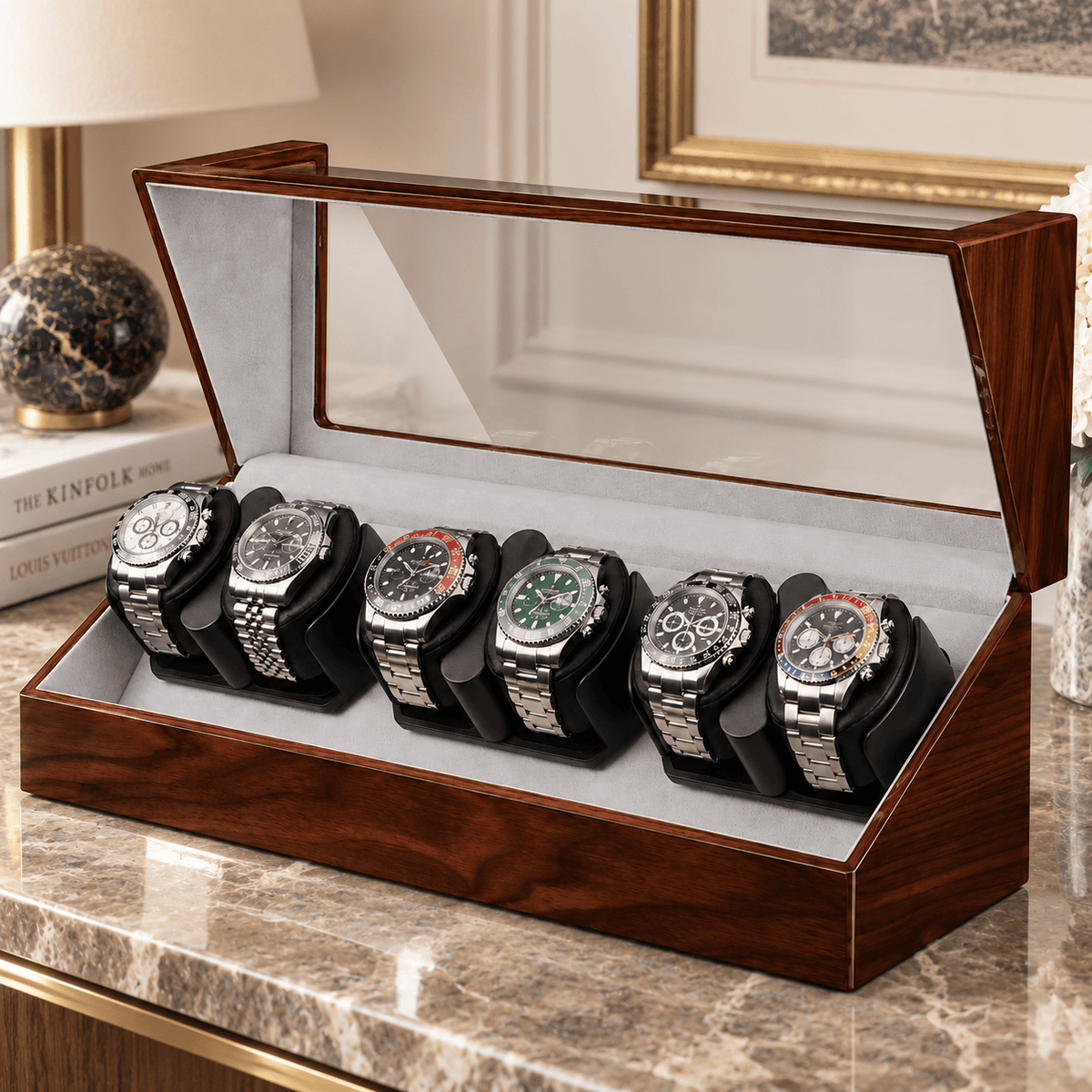 The Time Foundry 6 Slot Watch Winder for Automatic Watches, Rosewood, Bidirectional