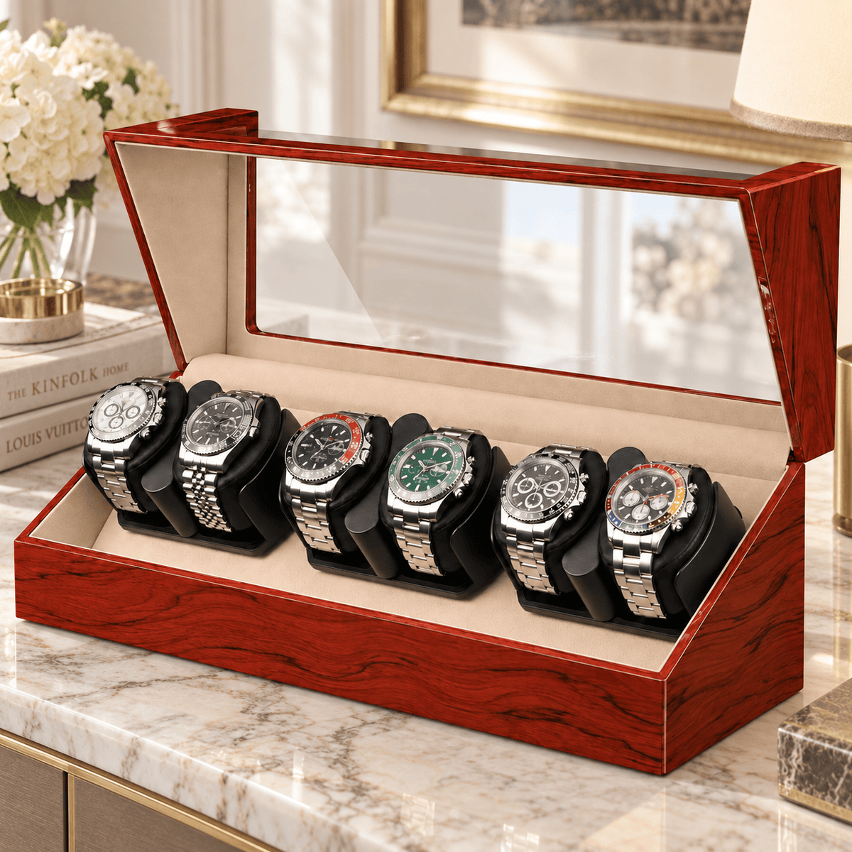 The Time Foundry 6 Slot Watch Winder for Automatic Watches, Rosewood, Glass & Mirror