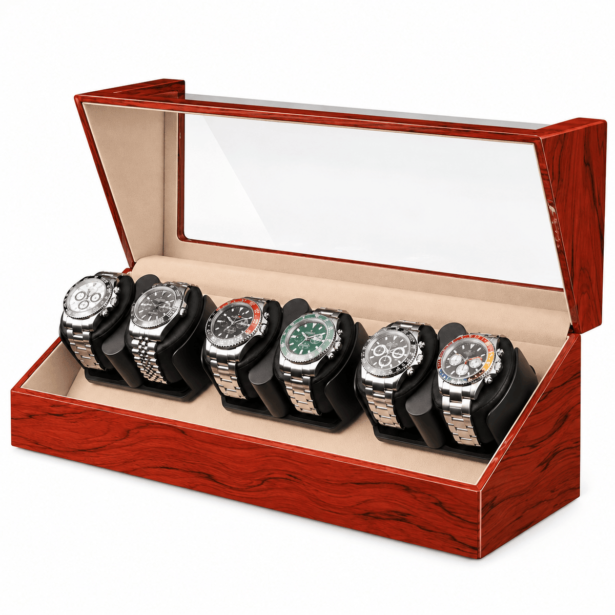 The Time Foundry 6 Slot Watch Winder for Automatic Watches, Rosewood, Glass & Mirror