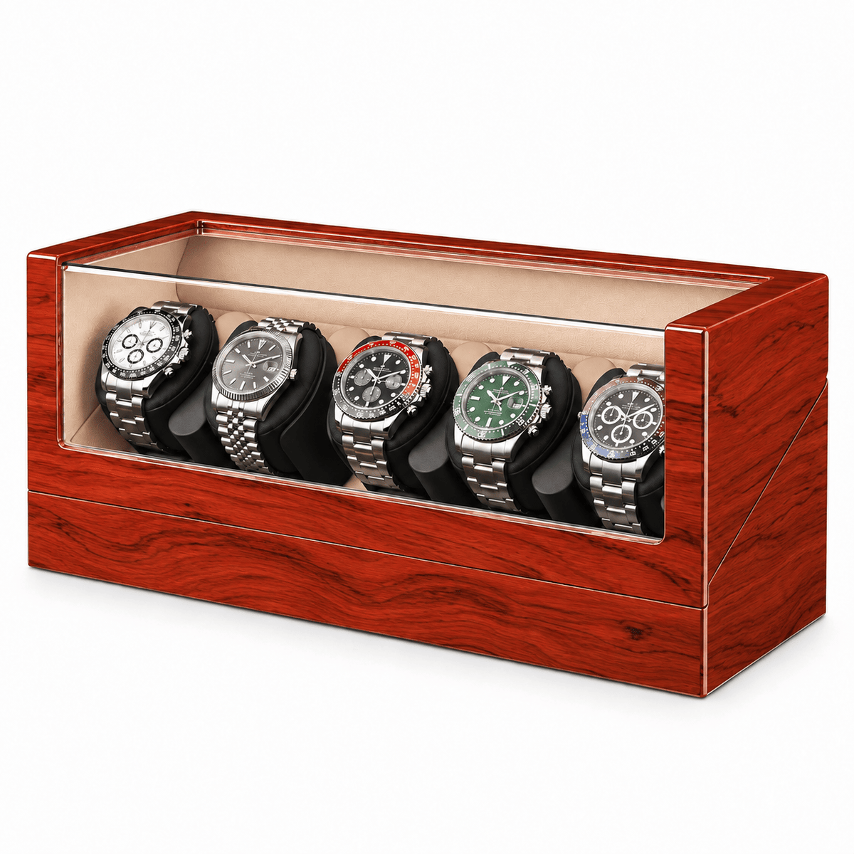 The Time Foundry 6 Slot Watch Winder for Automatic Watches, Rosewood, Glass & Mirror Image
