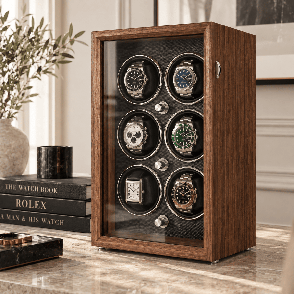 The Time Foundry 6 Slot Watch Winder for Automatic Watches, Wood Grain, 4 Rotation Modes