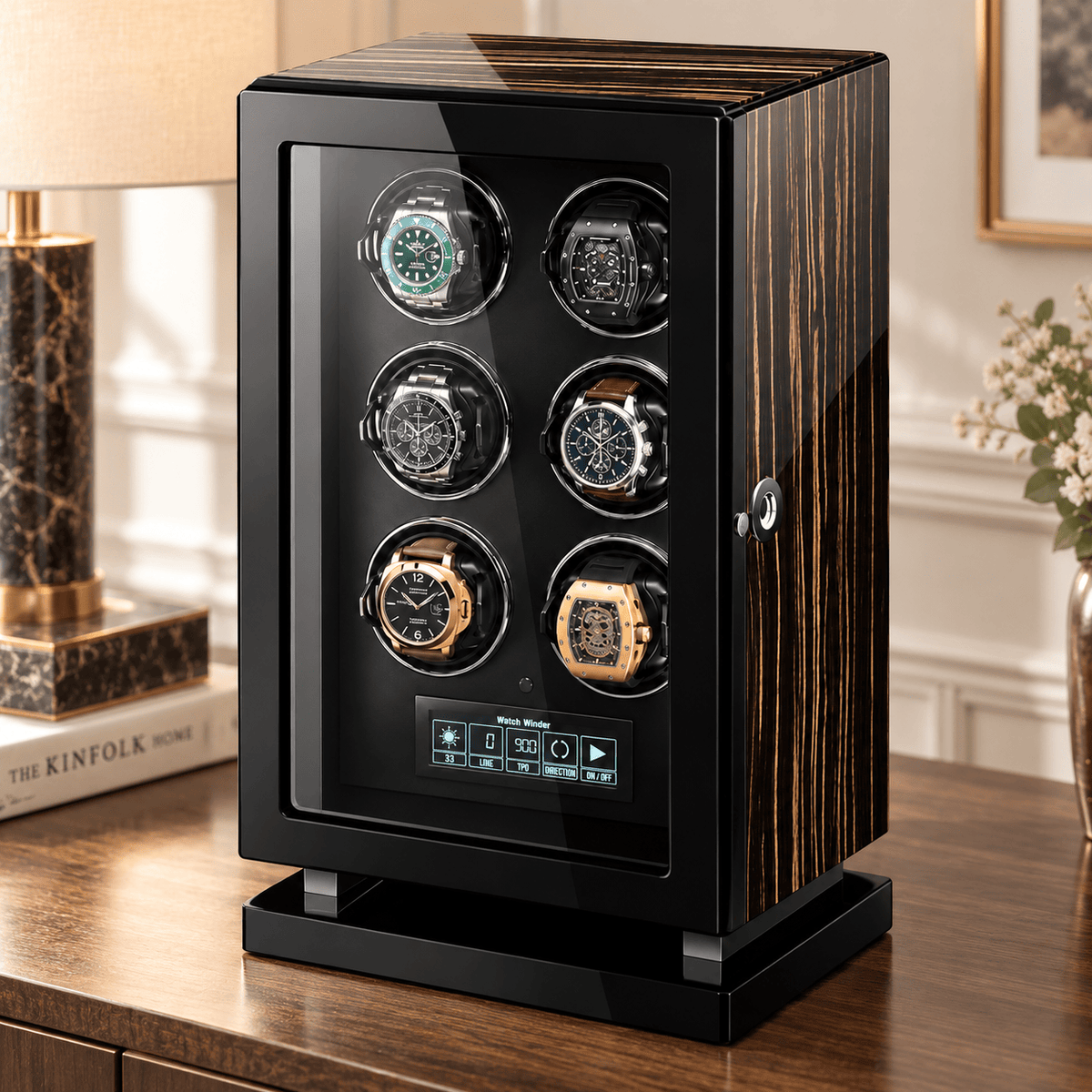 The Time Foundry 6 Slot Watch Winder for Automatic Watches, Wood Grain, Adjustable TPD