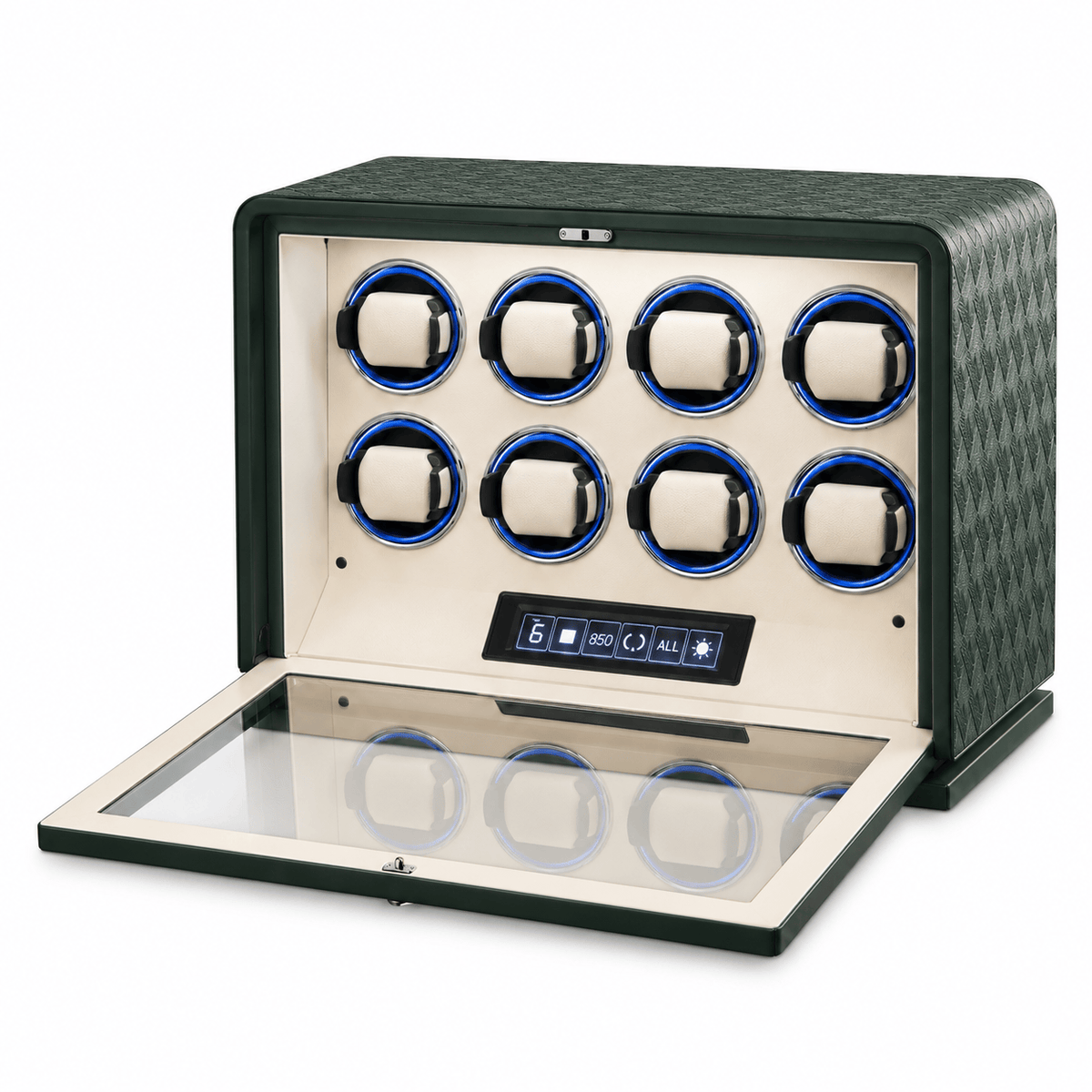 The Time Foundry 8 Slot Watch Winder for Automatic Watches, Dark Green, 12-Point Motor