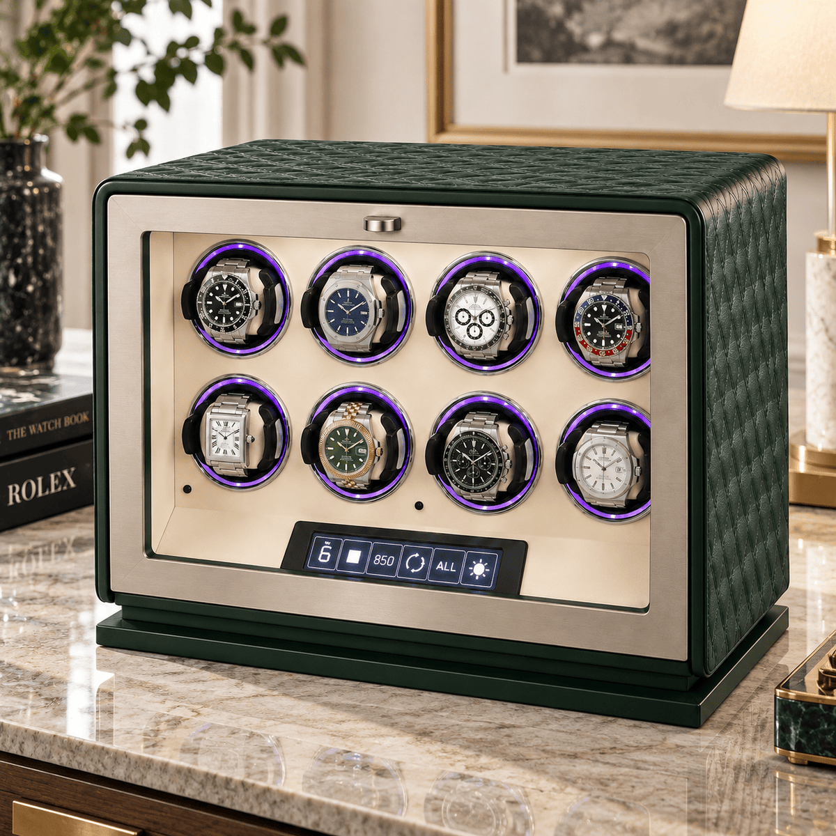 The Time Foundry 8 Slot Watch Winder for Automatic Watches, Dark Green, 12-Point Motor