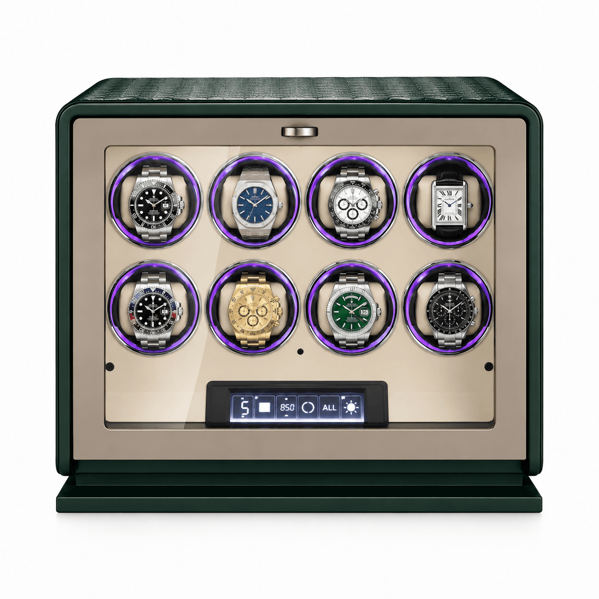 The Time Foundry 8 Slot Watch Winder for Automatic Watches, Dark Green, 12-Point Motor