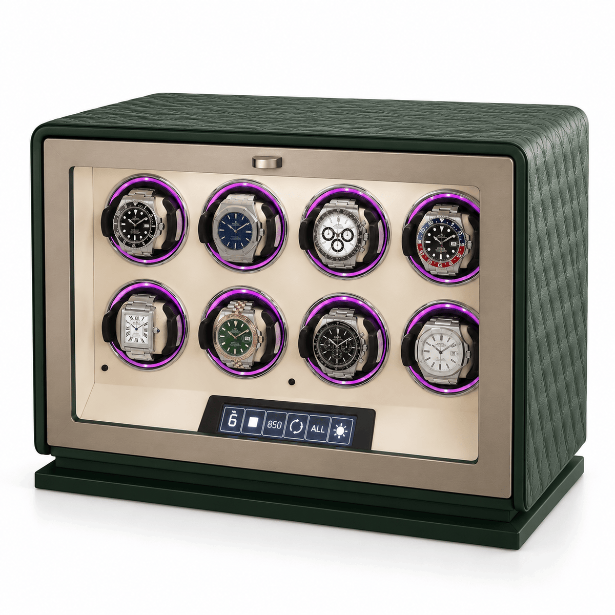 The Time Foundry 8 Slot Watch Winder for Automatic Watches, Dark Green, 12-Point Motor