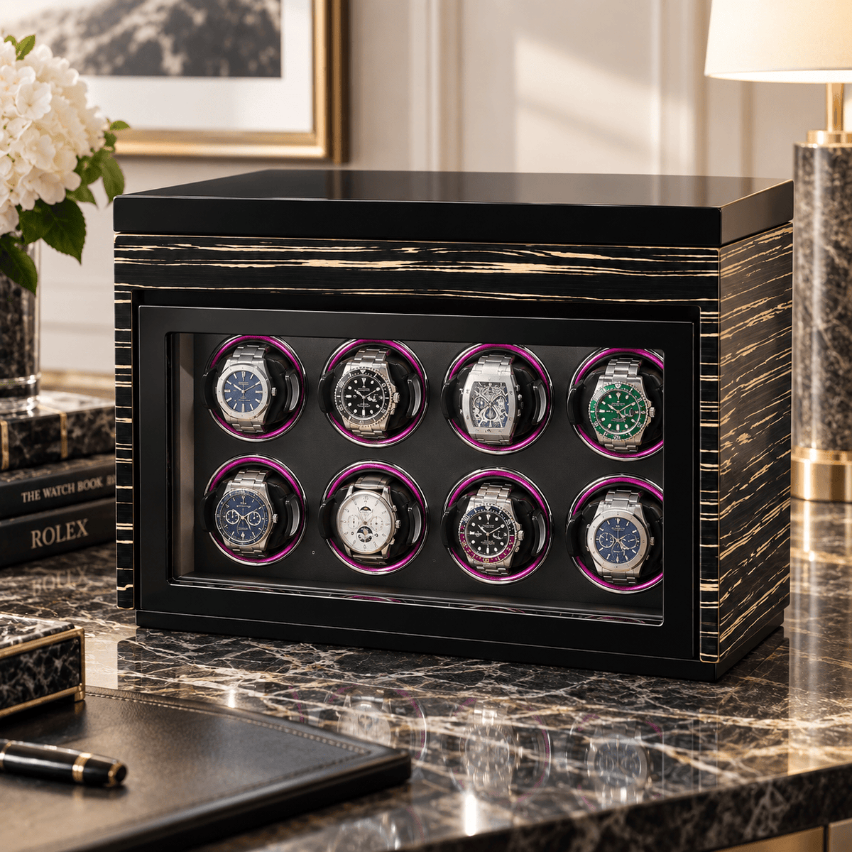 The Time Foundry 8 Slot Watch Winder for Automatic Watches, Ebony, Touch Control Panel