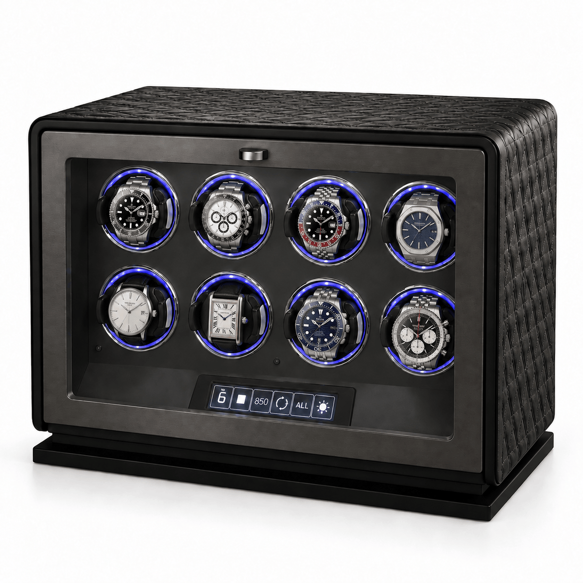 The Time Foundry 8 Slot Watch Winder for Automatic Watches, Leather, 12-Point Motor