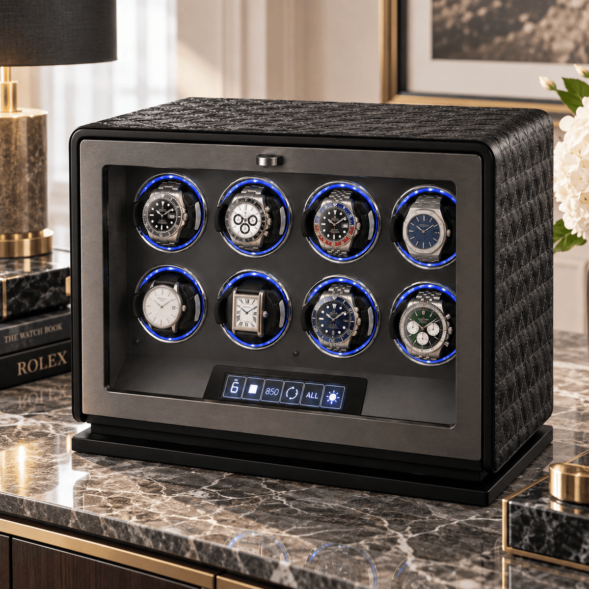 The Time Foundry 8 Slot Watch Winder for Automatic Watches, Leather, 12-Point Motor