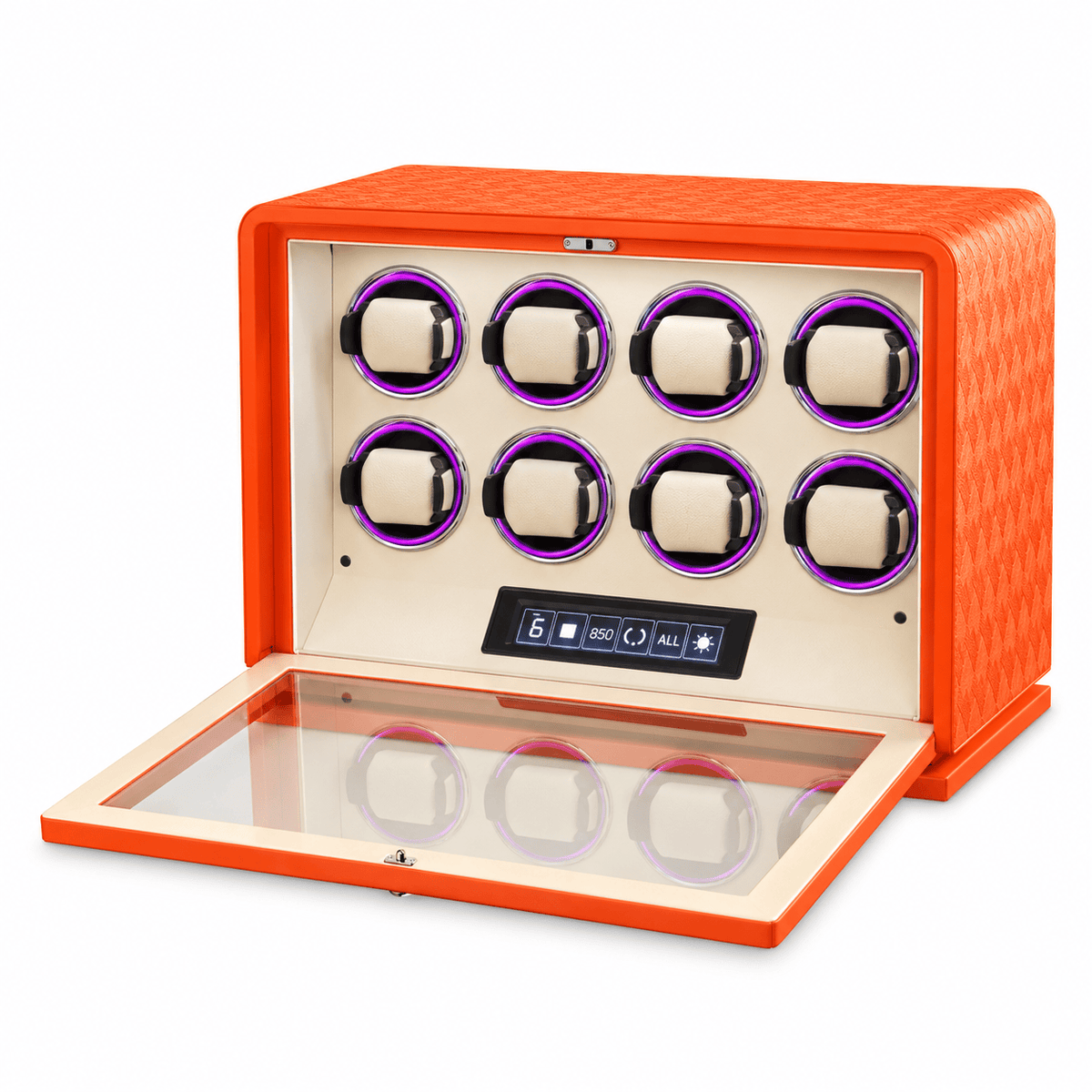 The Time Foundry 8 Slot Watch Winder for Automatic Watches, Orange Leather, 12-Point Motor