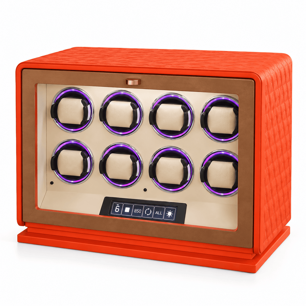 The Time Foundry 8 Slot Watch Winder for Automatic Watches, Orange Leather, 12-Point Motor